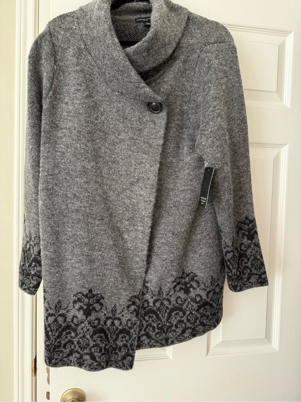 Women’s Gray Shawl Collar Button Sweater Jacket with Black Floral Hem